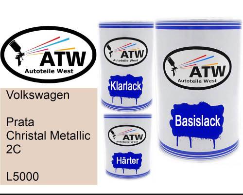 Volkswagen, Prata Christal Metallic 2C, L5000: 500ml Lackdose + 500ml Klarlack + 250ml Härter - Set, von ATW Autoteile West.